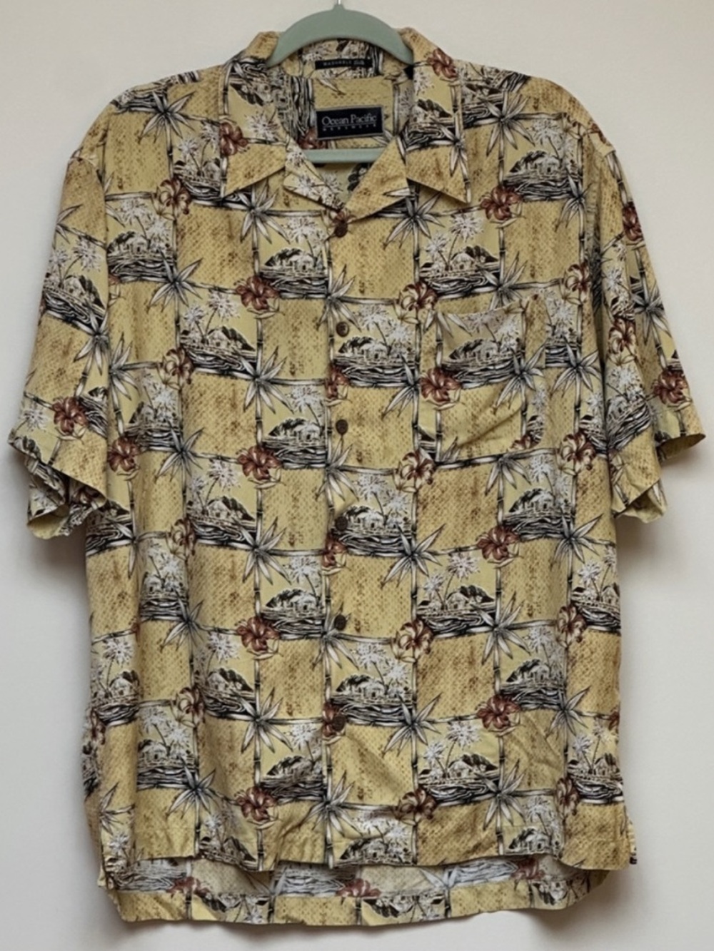 Ocean Pacific Short Sleeve Button Down Floral Silk Shirt Size Large